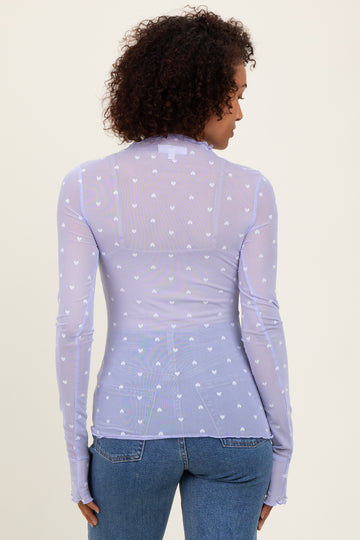 Lavender Mesh Heart High Neck Long Sleeve Top