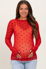 Red Mesh Heart High Neck Long Sleeve Maternity Top