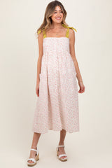 Cream Floral Shoulder Tie Button Down Maternity Midi Dress