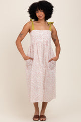 Cream Floral Shoulder Tie Button Down Midi Dress