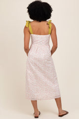 Cream Floral Shoulder Tie Button Down Midi Dress