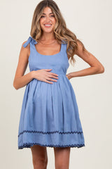 Blue Shoulder Bow Tie Pleated Maternity Mini Dress