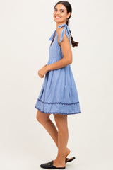 Blue Shoulder Bow Tie Pleated Mini Dress