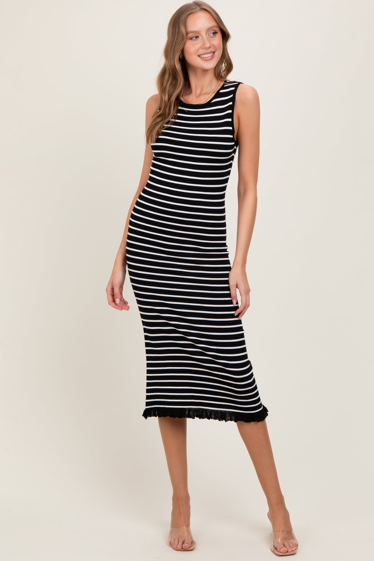 Black Striped Knit Sleeveless Ruffle Hem Maternity Midi Dress