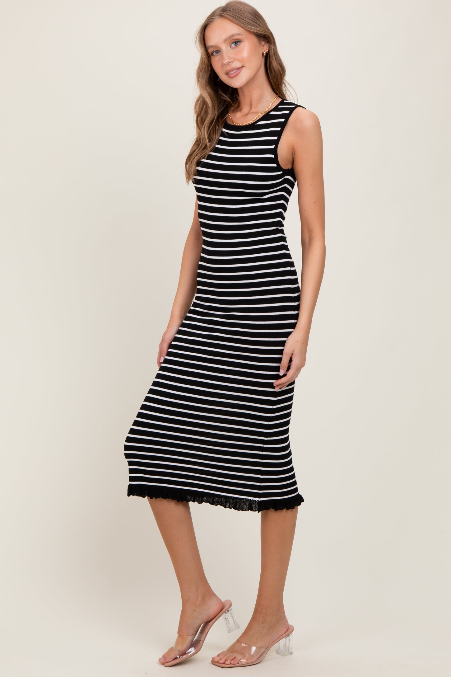 Black Striped Knit Sleeveless Ruffle Hem Midi Dress