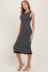 Black Striped Knit Sleeveless Ruffle Hem Midi Dress