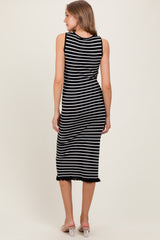 Black Striped Knit Sleeveless Ruffle Hem Midi Dress