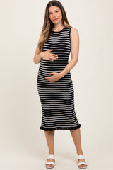 Black Striped Knit Sleeveless Ruffle Hem Maternity Midi Dress