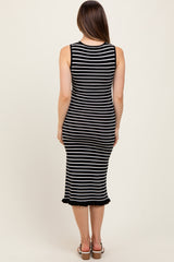 Black Striped Knit Sleeveless Ruffle Hem Maternity Midi Dress