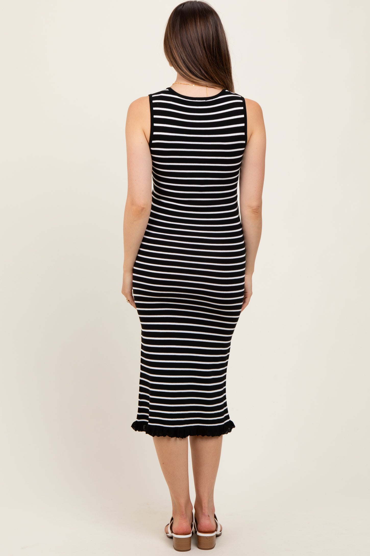 Black Striped Knit Sleeveless Ruffle Hem Maternity Midi Dress