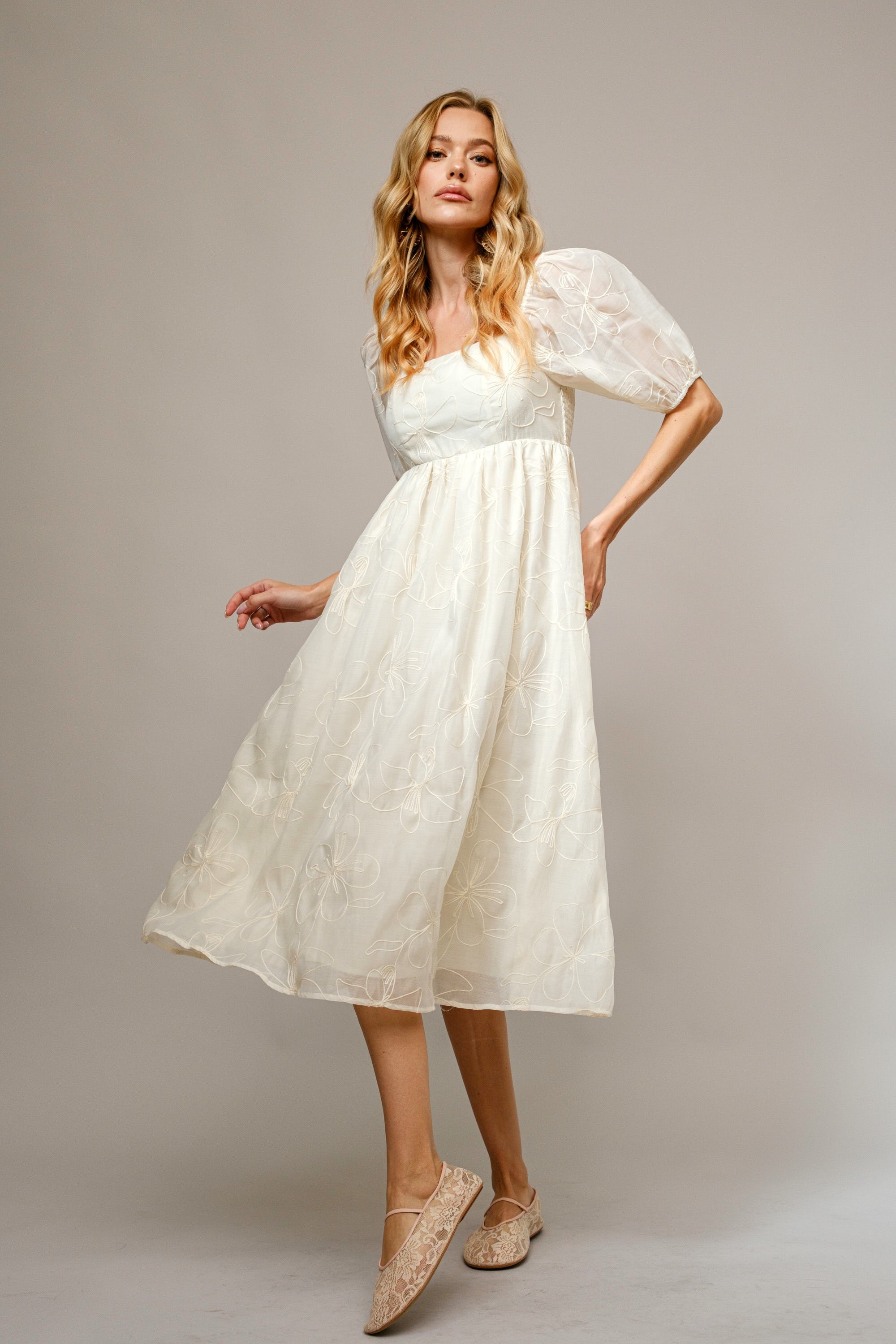 Cream Embroidered Floral Puff Sleeve Midi Dress Cream Embroidered Floral Puff Sleeve Midi Dress