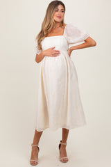 Cream Embroidered Floral Puff Sleeve Maternity Midi Dress