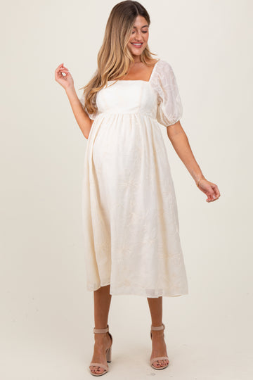 Cream Embroidered Floral Puff Sleeve Maternity Midi Dress