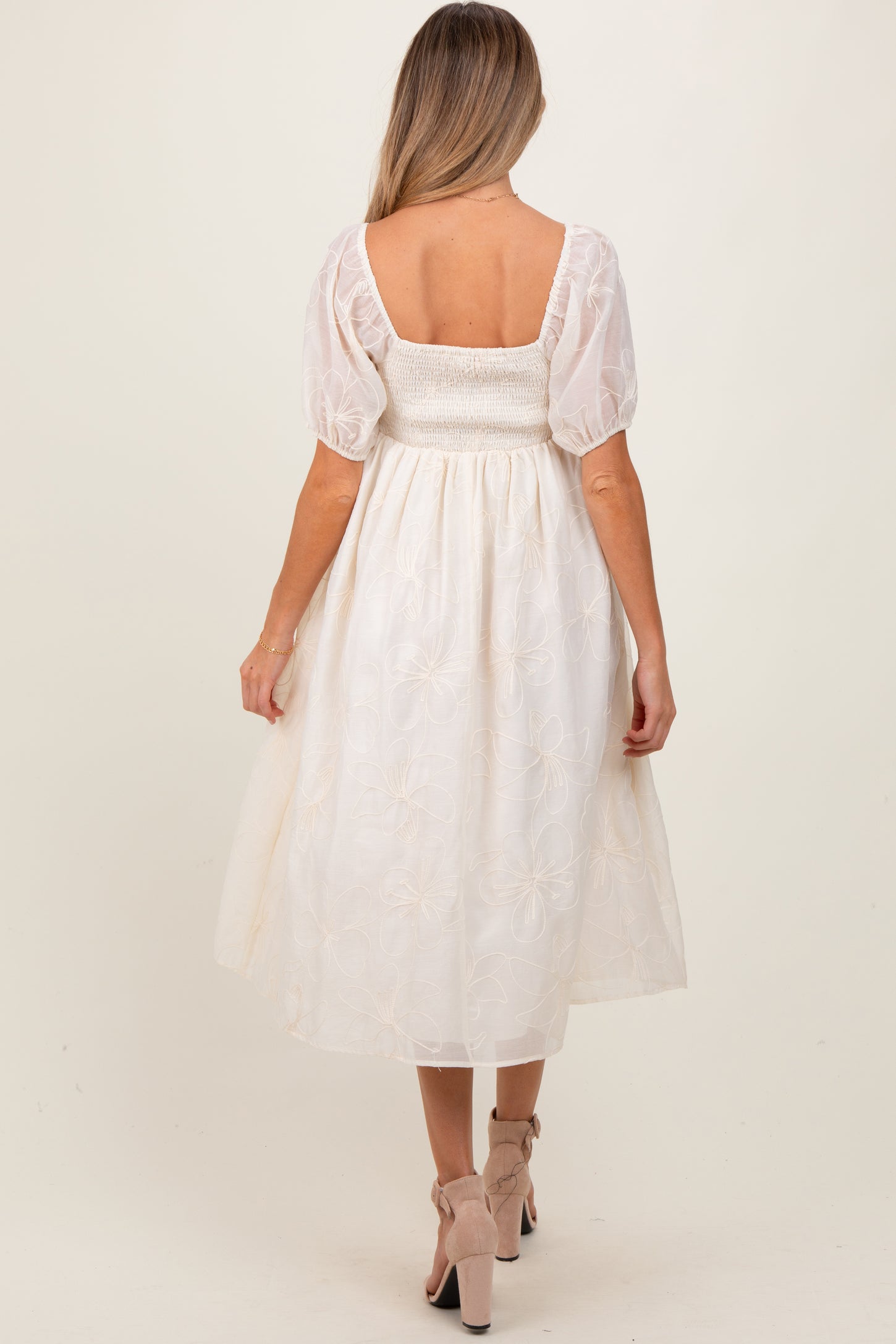 Cream Embroidered Floral Puff Sleeve Maternity Midi Dress