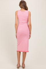 Light Pink Striped Knit Sleeveless Ruffle Hem Midi Dress