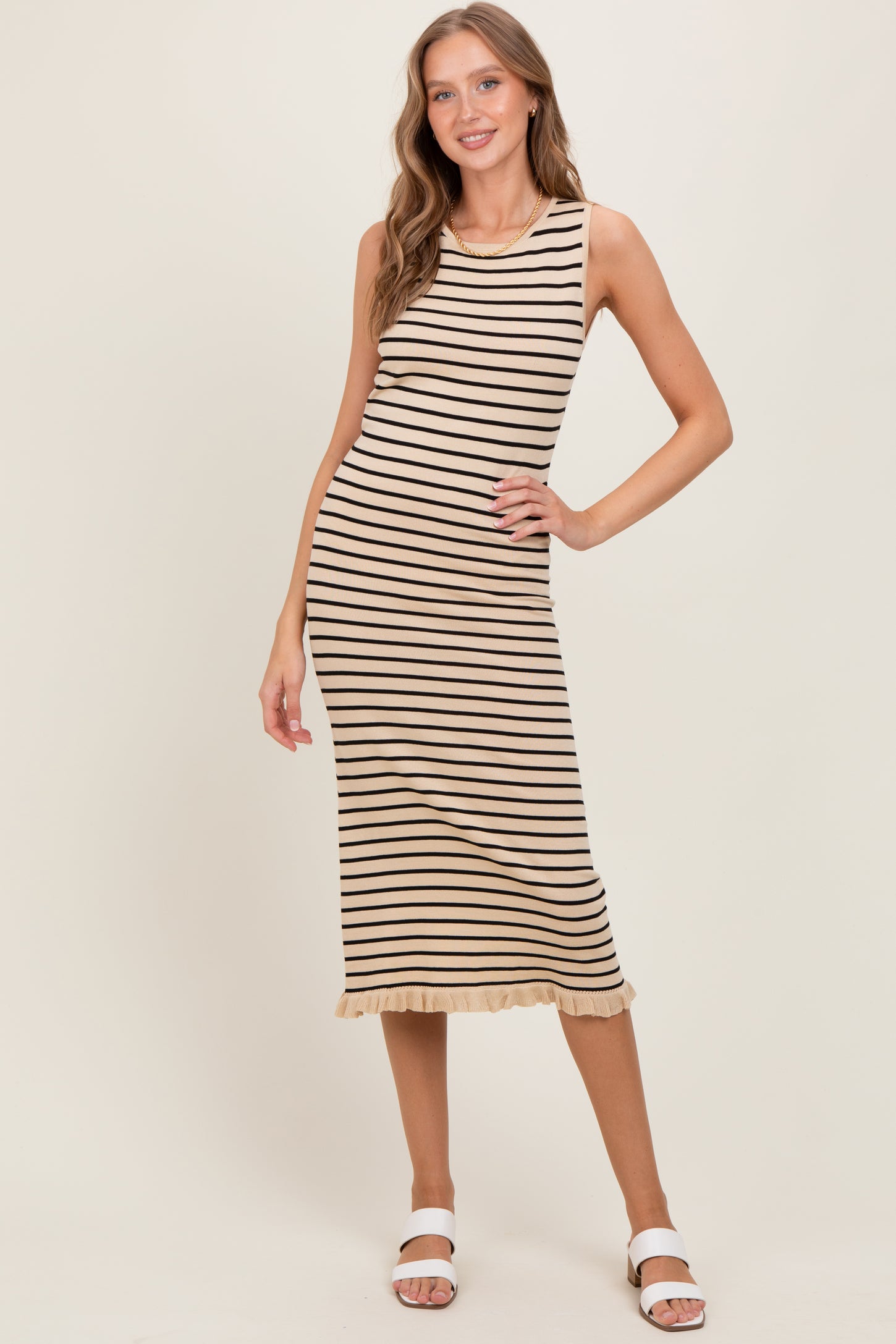 Beige Striped Knit Sleeveless Ruffle Hem Midi Dress