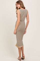 Beige Striped Knit Sleeveless Ruffle Hem Midi Dress