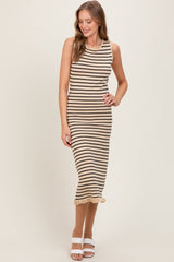 Beige Striped Knit Sleeveless Ruffle Hem Maternity Midi Dress
