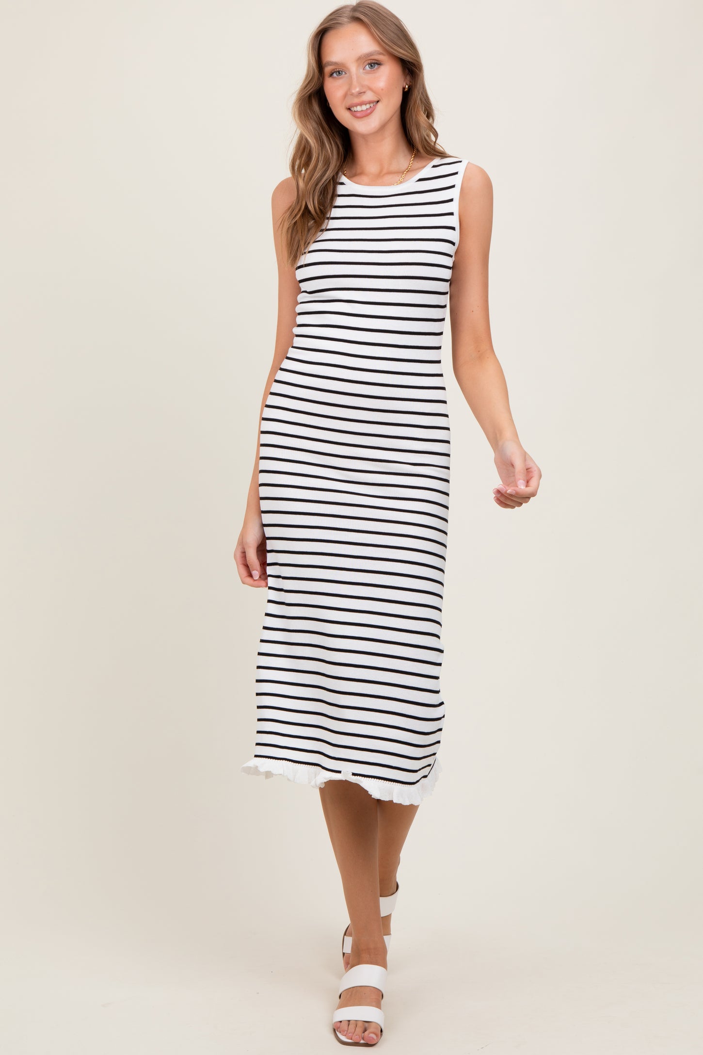 White Striped Knit Sleeveless Ruffle Hem Midi Dress
