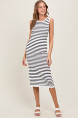 White Striped Knit Sleeveless Ruffle Hem Midi Dress