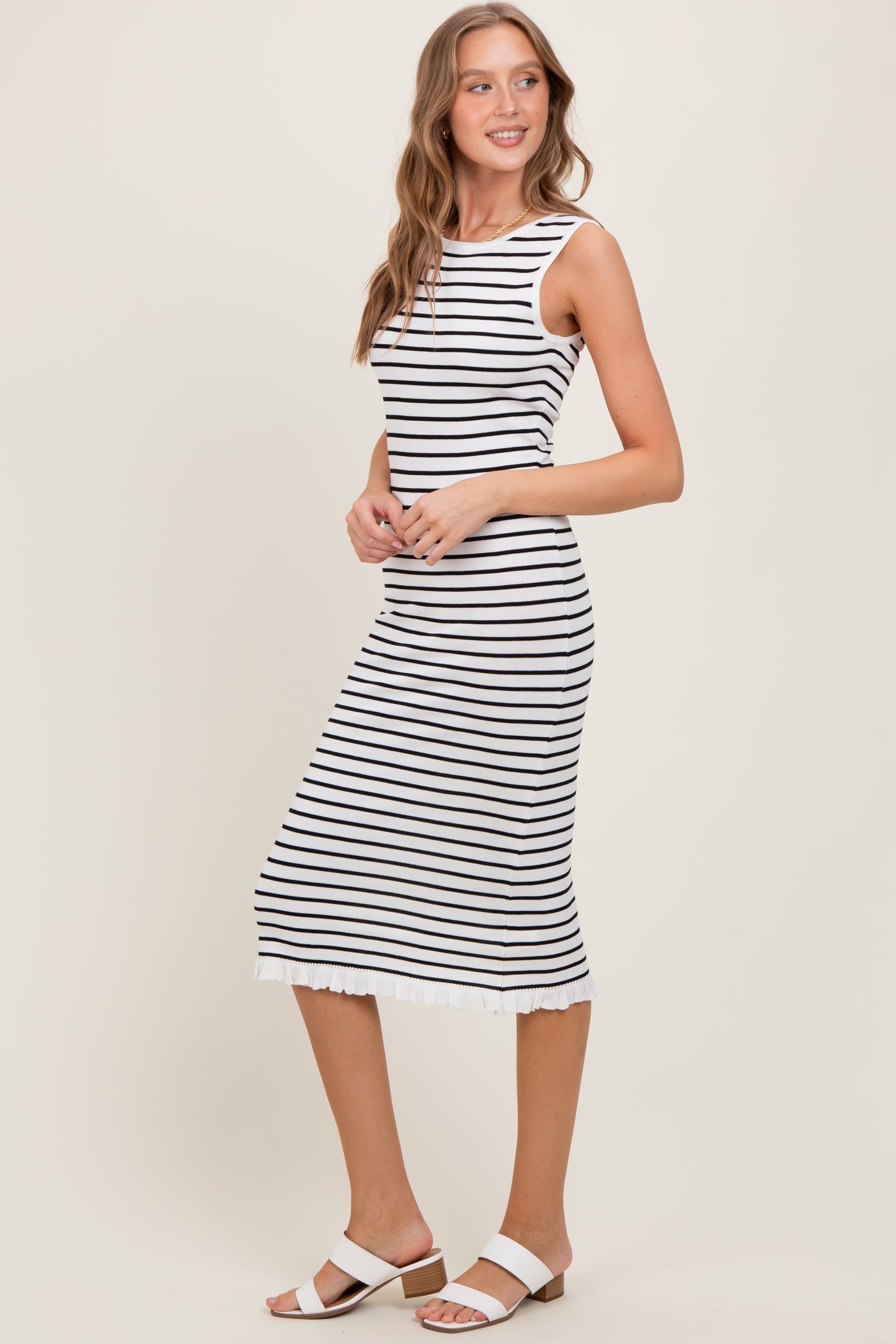 White Striped Knit Sleeveless Ruffle Hem Midi Dress