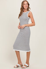 White Striped Knit Sleeveless Ruffle Hem Midi Dress