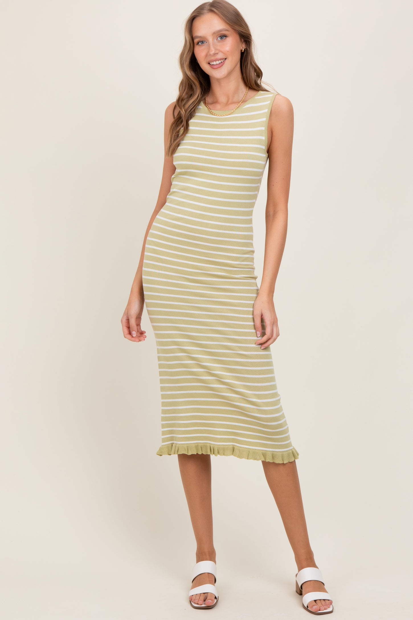 Light Olive Striped Knit Sleeveless Ruffle Hem Maternity Midi Dress