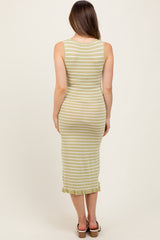 Light Olive Striped Knit Sleeveless Ruffle Hem Maternity Midi Dress