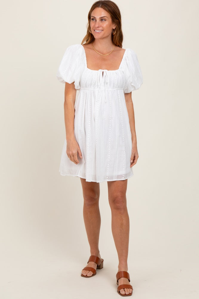 Ivory Eyelet Lace Puff Sleeve Maternity Mini Dress