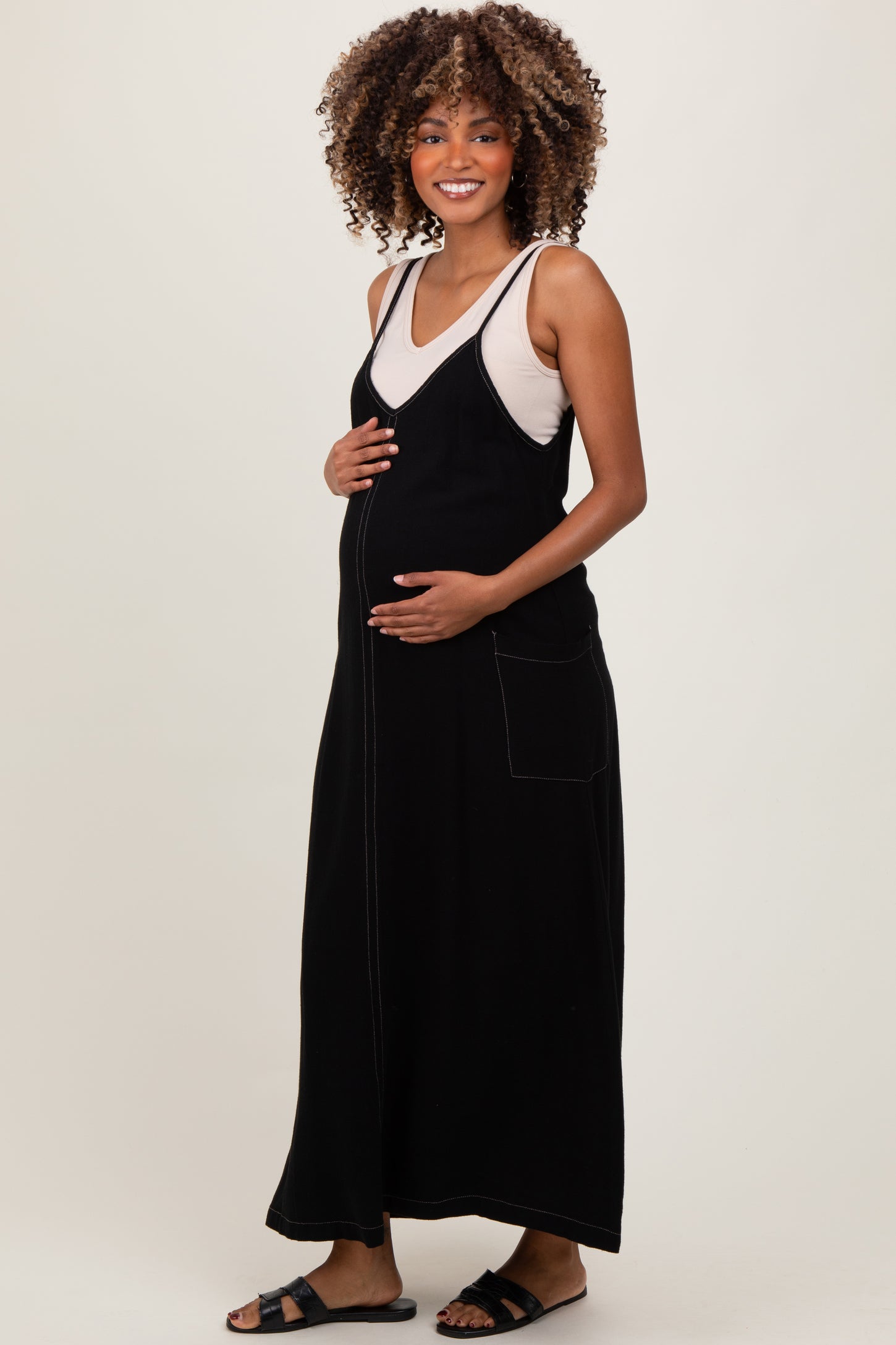 Black Linen Mixed Overall Maternity Midi Dress PinkBlush Black Linen Mixed Overall Maternity Midi Dress PinkBlush
