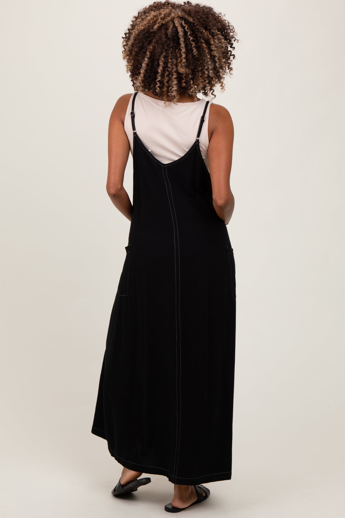 Black Linen Mixed Overall Maternity Midi Dress