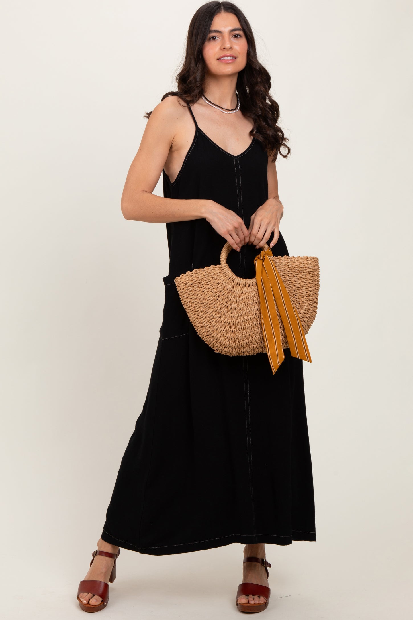 Black Linen Mixed Overall Midi Dress