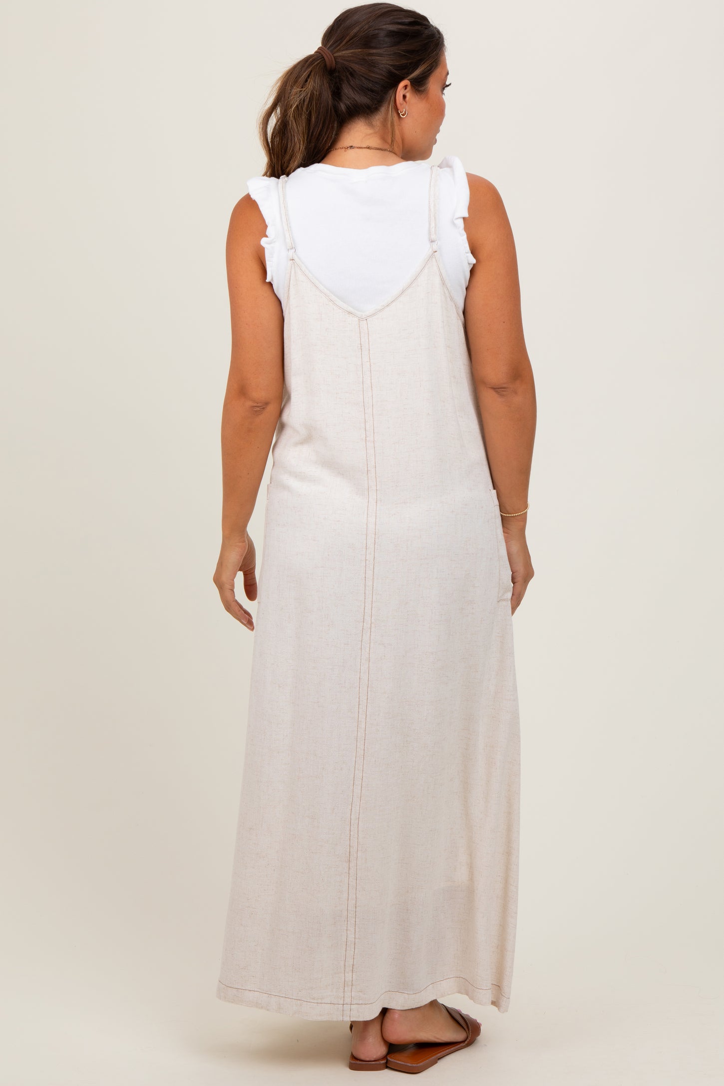 Cream Linen Mixed Overall Maternity Midi Dress