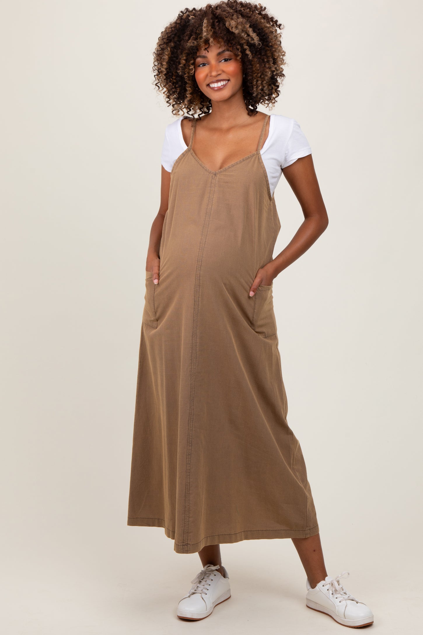 Olive V-Neck Overall Maternity Midi Dress