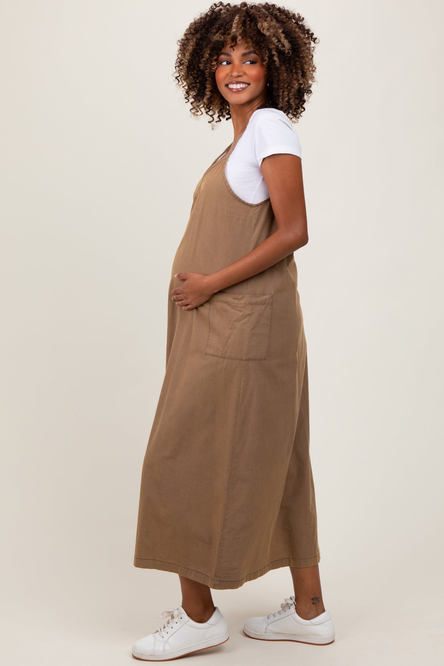 Olive V-Neck Overall Maternity Midi Dress
