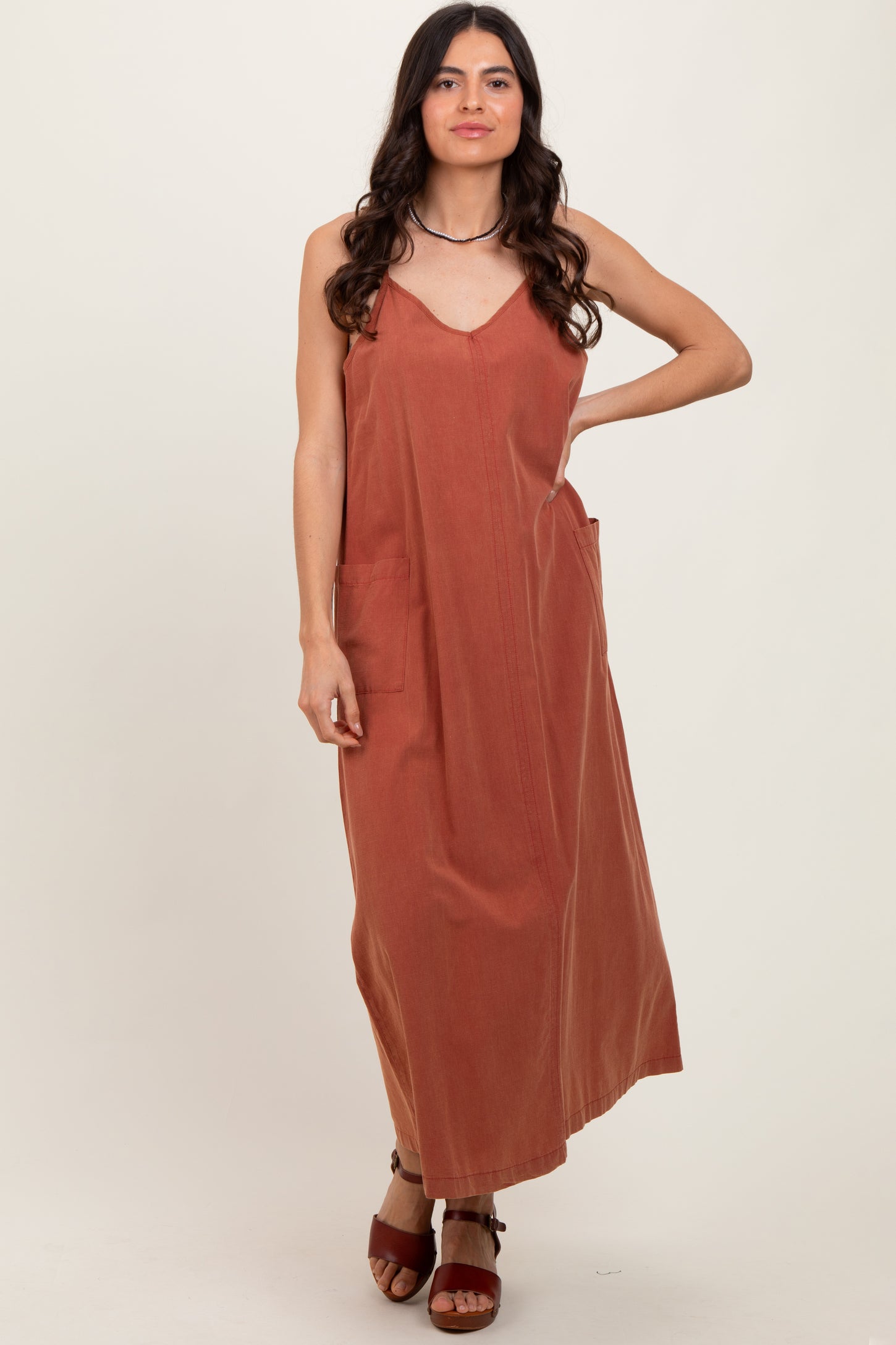 Rust V-Neck Overall Maternity Midi Dress