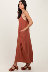 Rust V-Neck Overall Midi Dress
