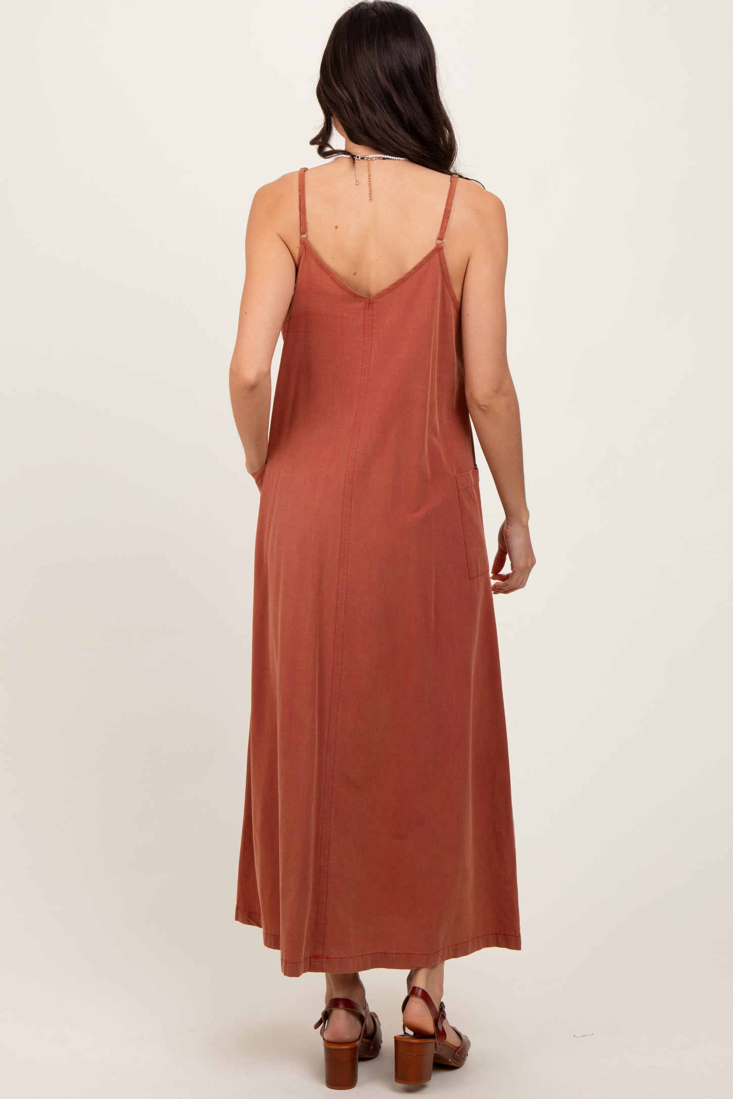 Rust V-Neck Overall Midi Dress