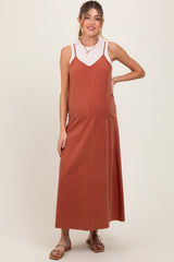 Rust V-Neck Overall Maternity Midi Dress