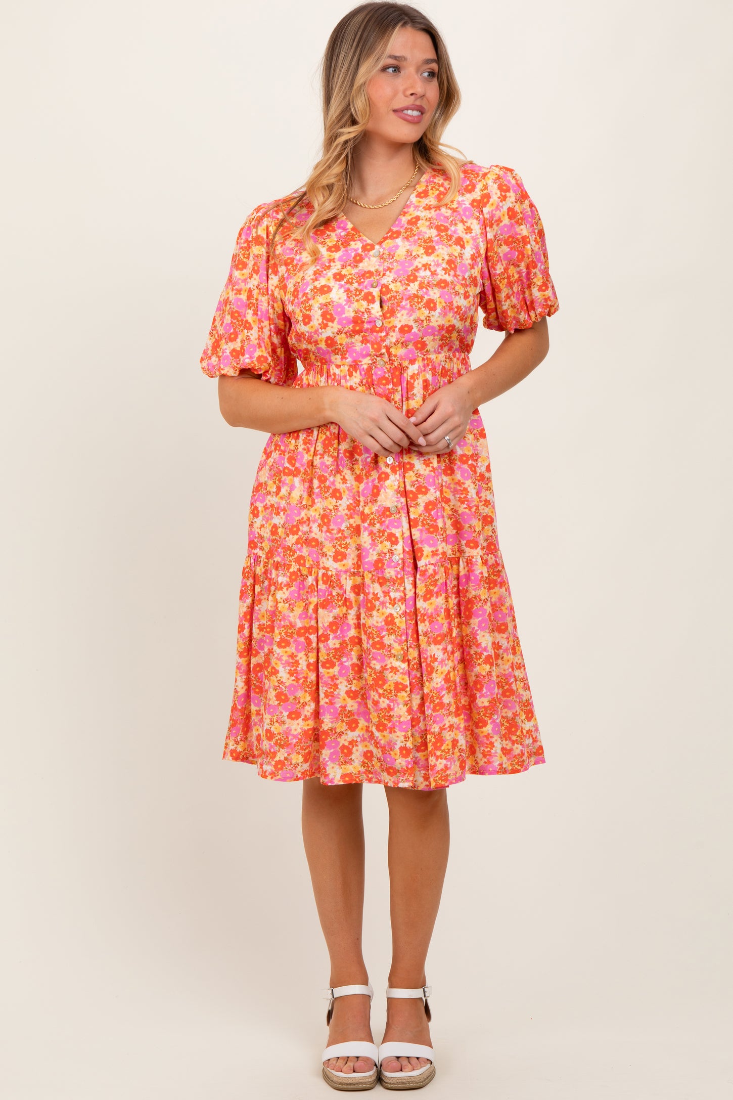 Pink Floral Button Down V-Neck Short Sleeve Dress