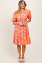 Pink Floral Button Down V-Neck Short Sleeve Dress