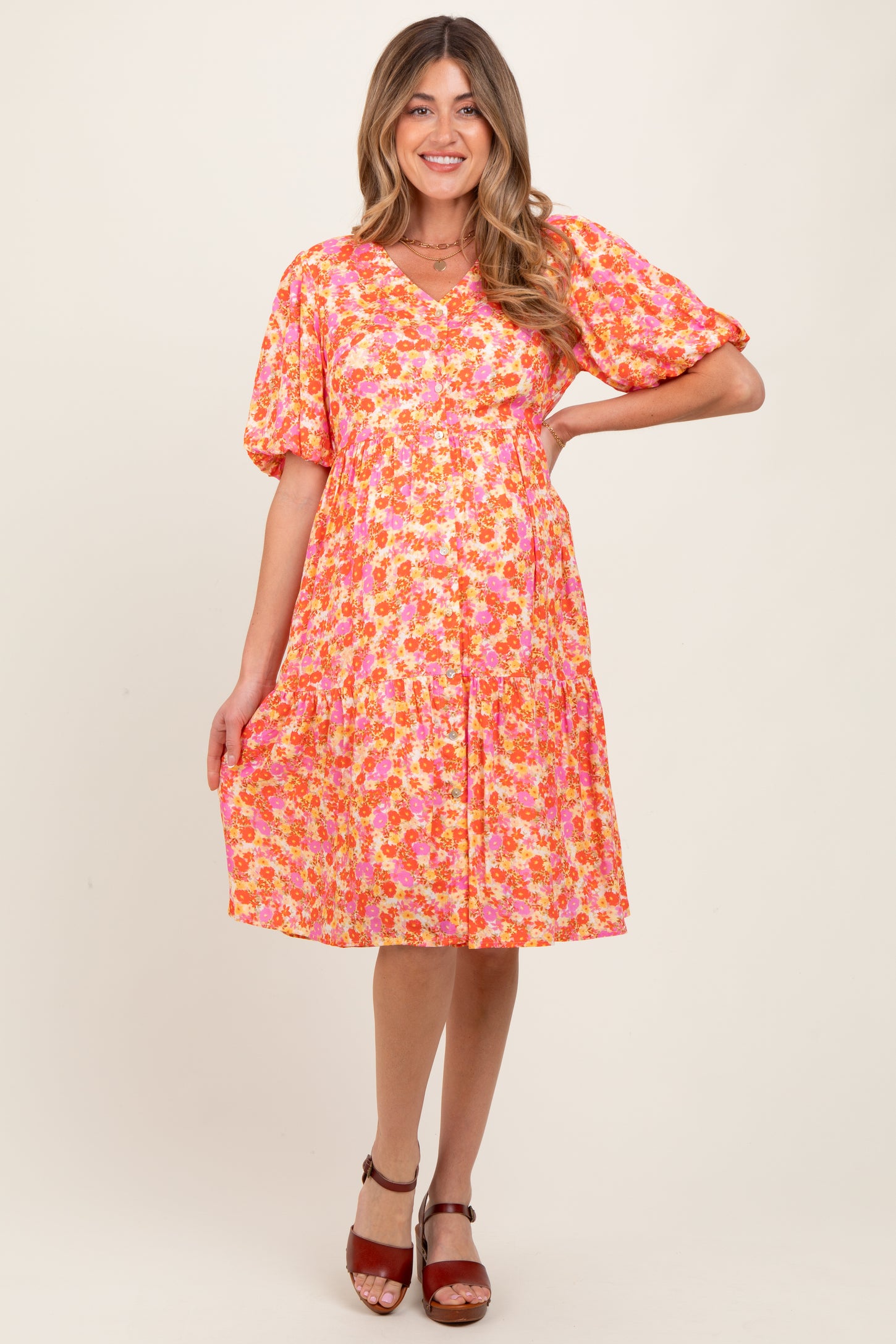 Pink Floral Button Down V-Neck Short Sleeve Maternity Dress