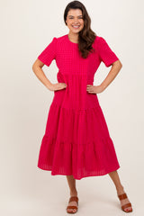 Fuchsia Short Sleeve Tiered Maternity Midi Dress