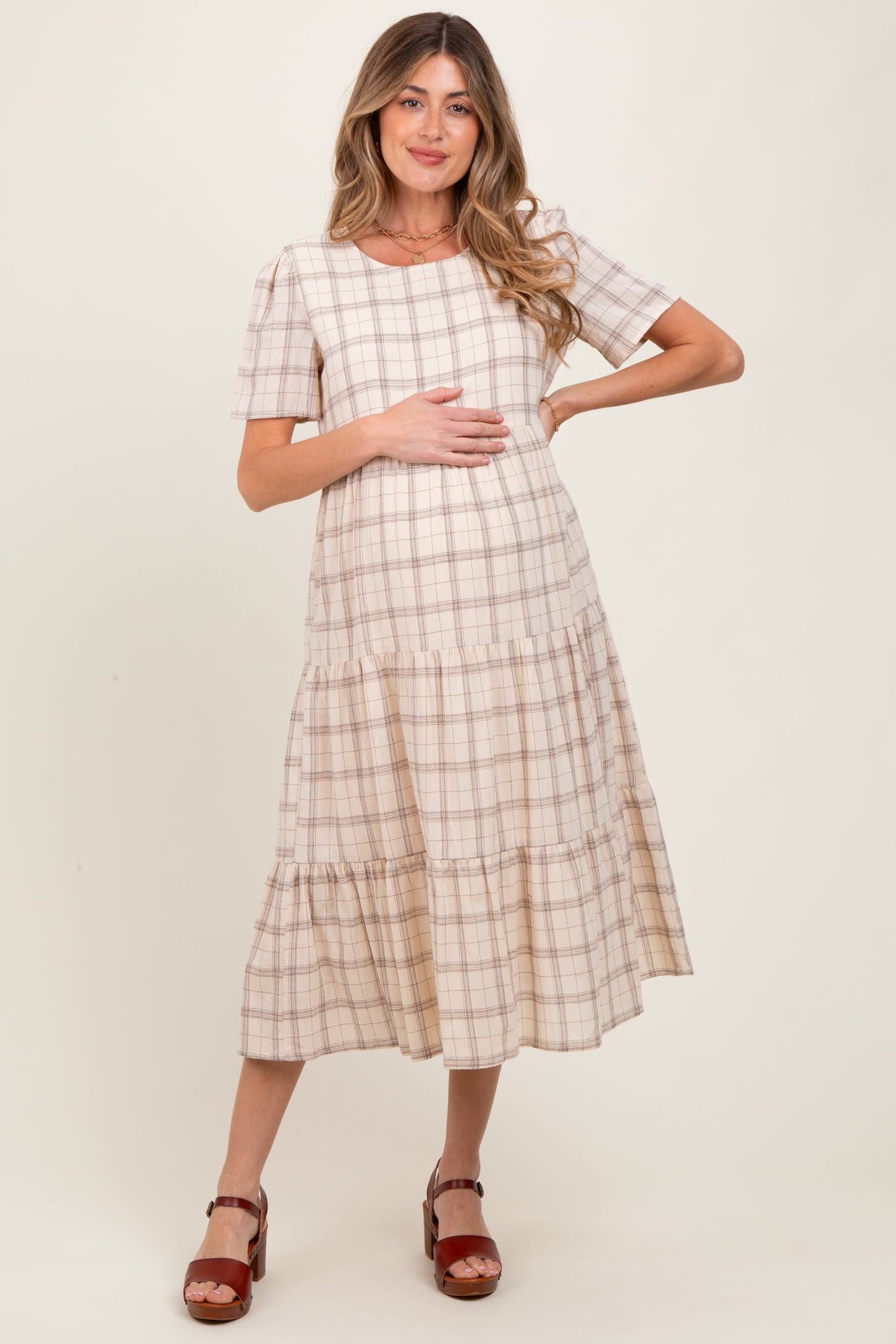 Ivory Plaid Tiered Short Sleeve Maternity Dress