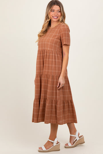 Rust Plaid Tiered Short Sleeve Dress