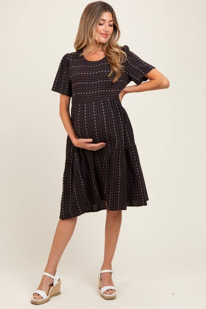 Black Floral Striped Tiered Short Sleeve Maternity Dress