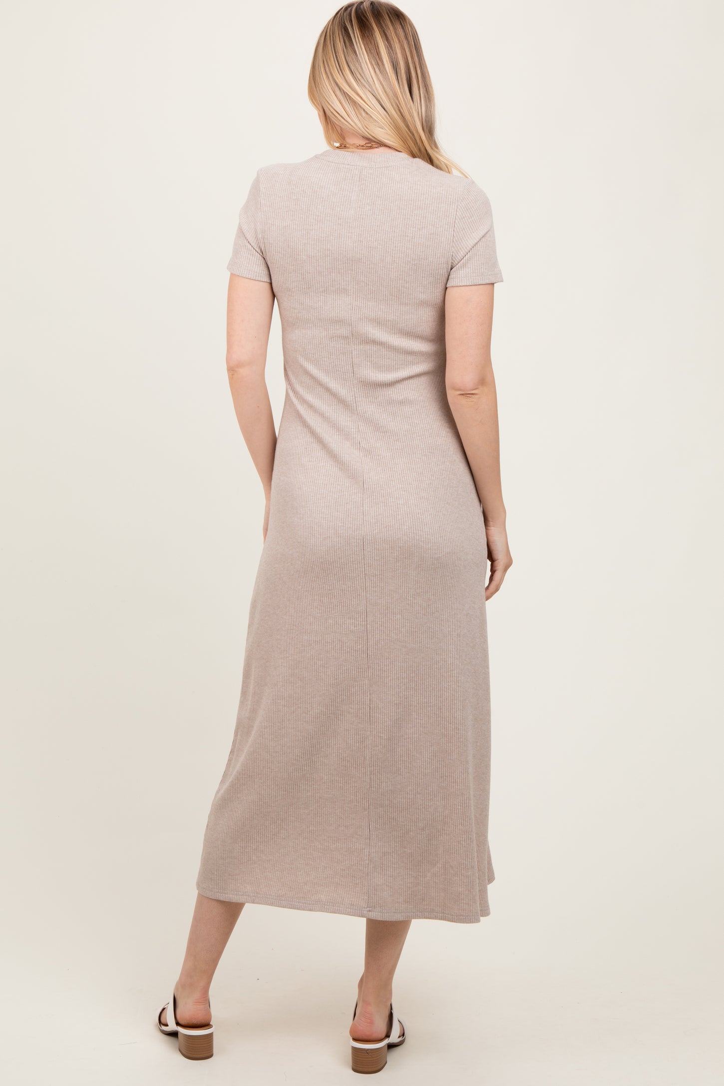 Beige Ribbed Short Sleeve Midi Dress