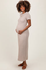 Beige Ribbed Short Sleeve Maternity Midi Dress