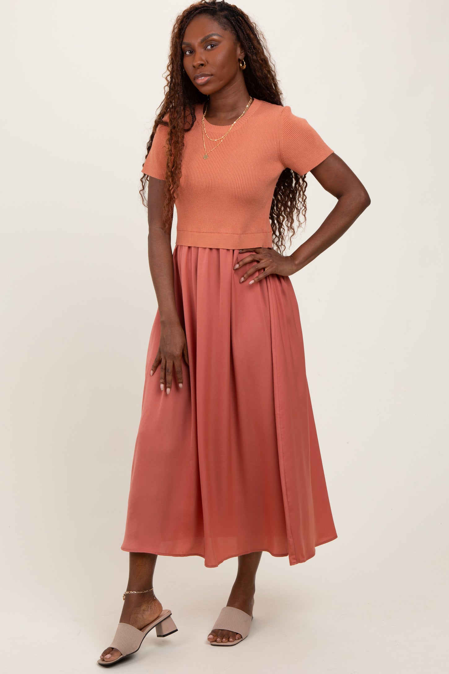 Rust Knit Contrast Top Satin Short Sleeve Midi Dress