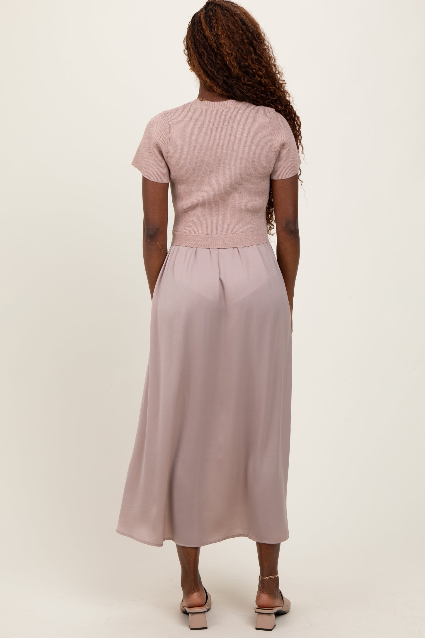 Taupe Knit Contrast Top Satin Short Sleeve Midi Dress PinkBlush Taupe Knit Contrast Top Satin Short Sleeve Midi Dress PinkBlush